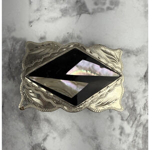 Vintage Silver Engraved Southwest Western Belt Buckle Inlaid Abalone Shell Black